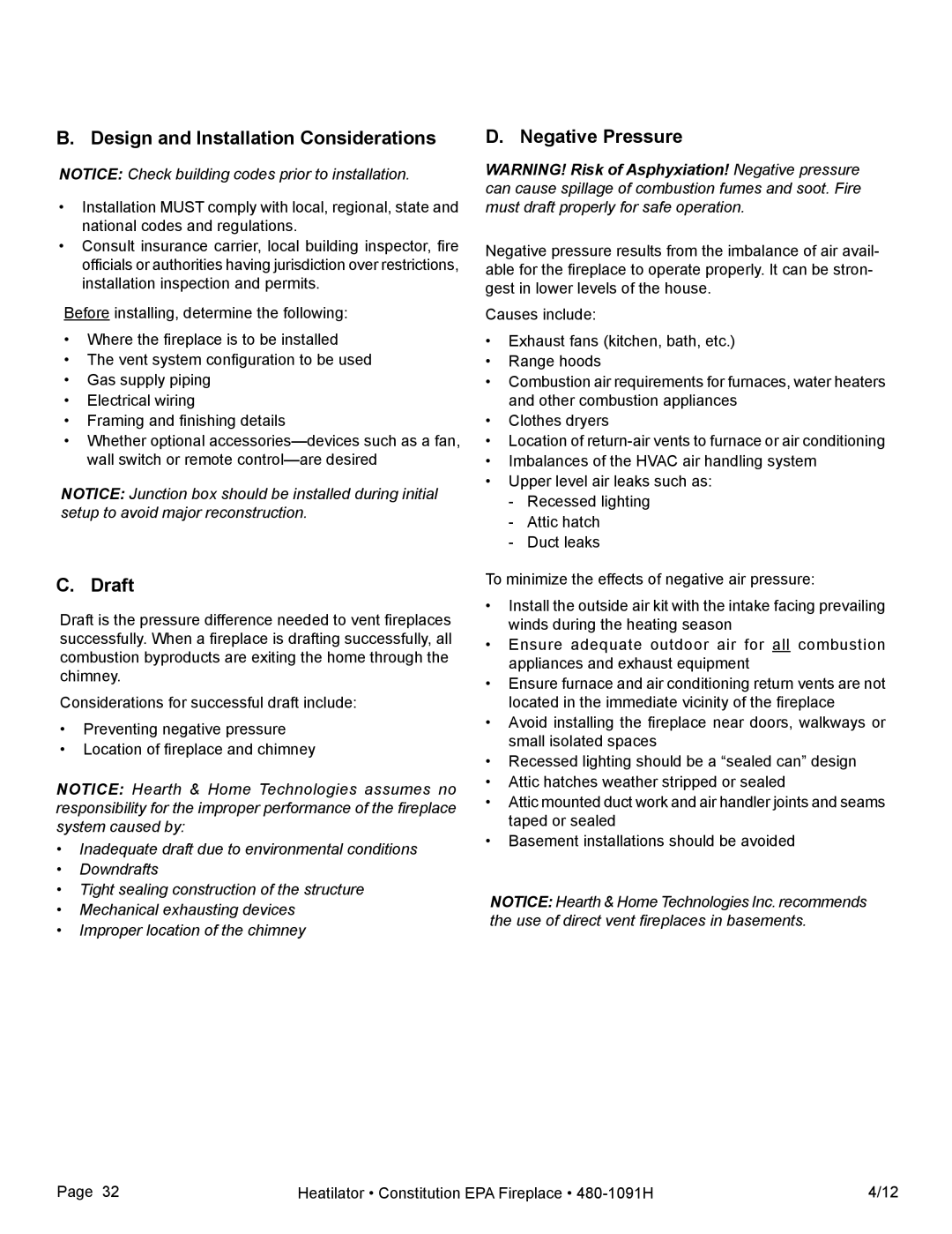 Heatiator C40 owner manual Design and Installation Considerations, Draft, Negative Pressure 