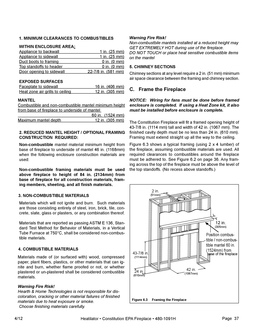 Heatiator C40 owner manual Frame the Fireplace, Minimum Clearances to Combustibles Within Enclosure Area 