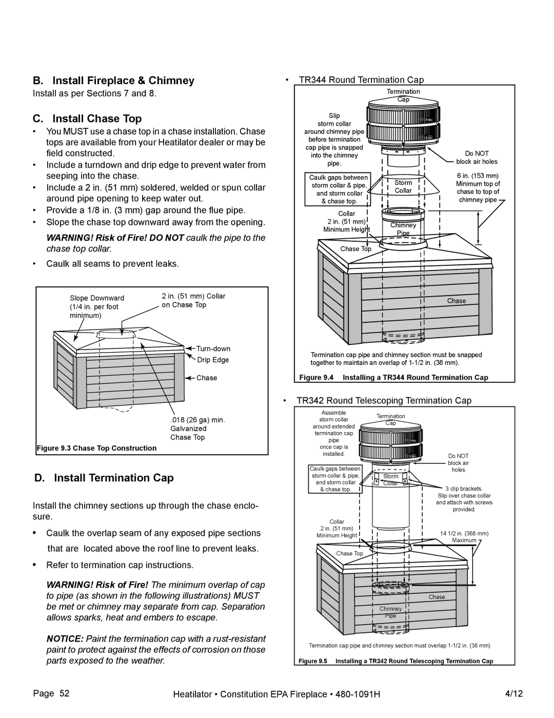 Heatiator C40 owner manual Install Fireplace & Chimney, Install Chase Top, Install Termination Cap 