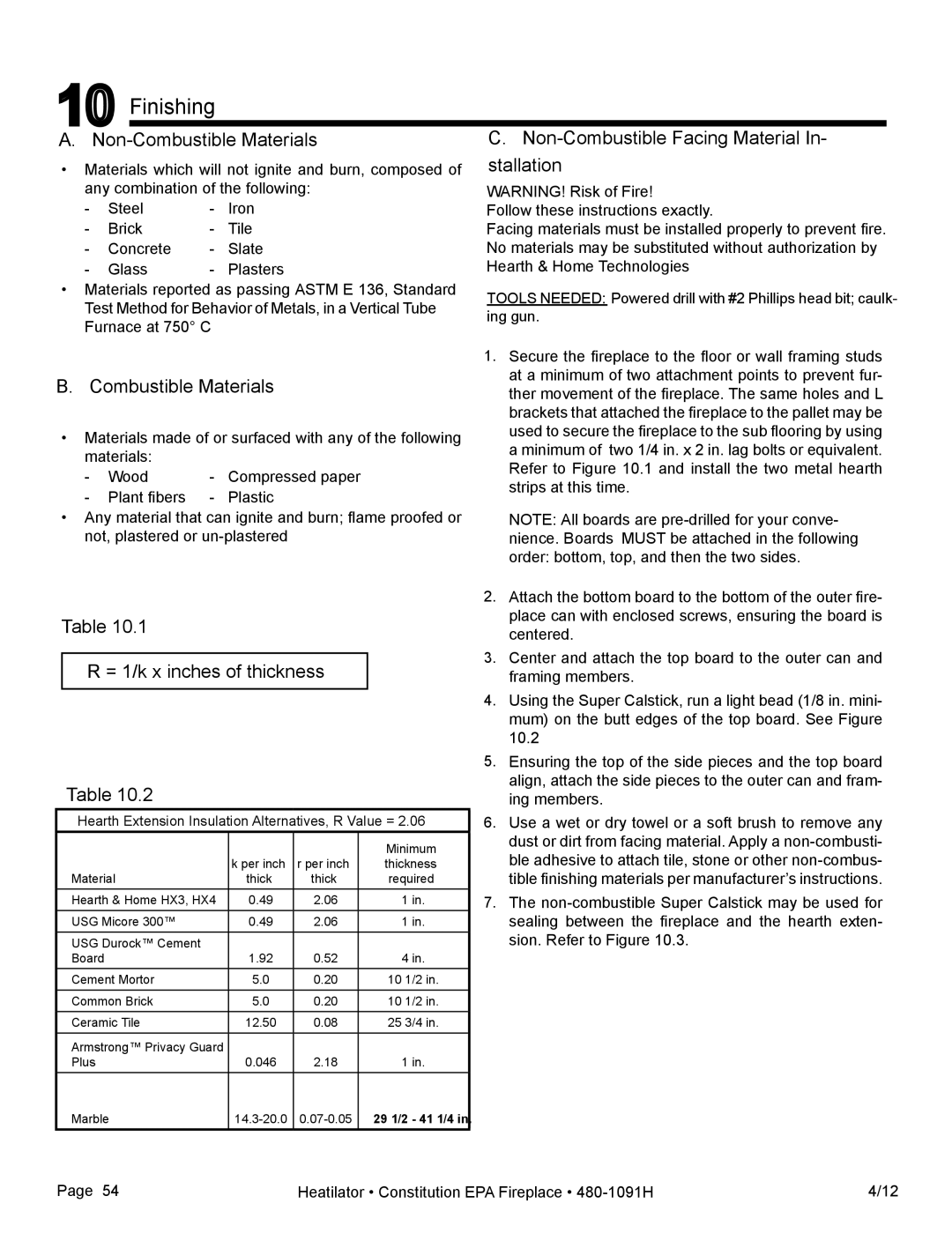 Heatiator C40 owner manual Finishing, Non-Combustible Materials Non-Combustible Facing Material, Stallation 