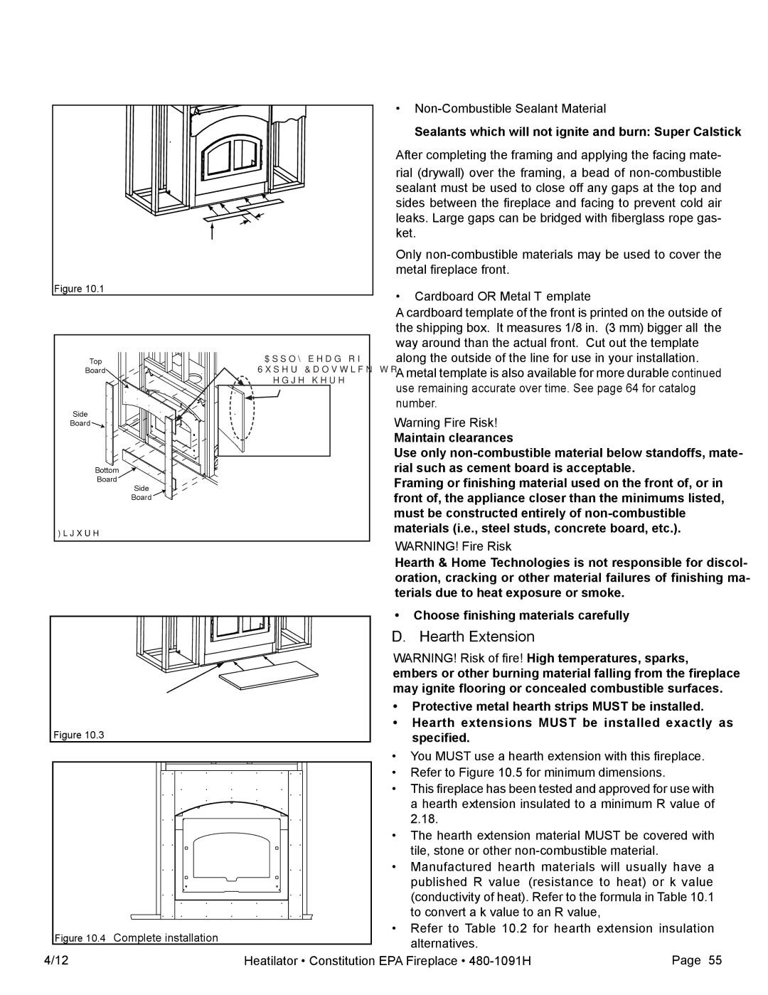 Heatiator C40 owner manual Hearth Extension, Non-Combustible Sealant Material, Cardboard or Metal Template 