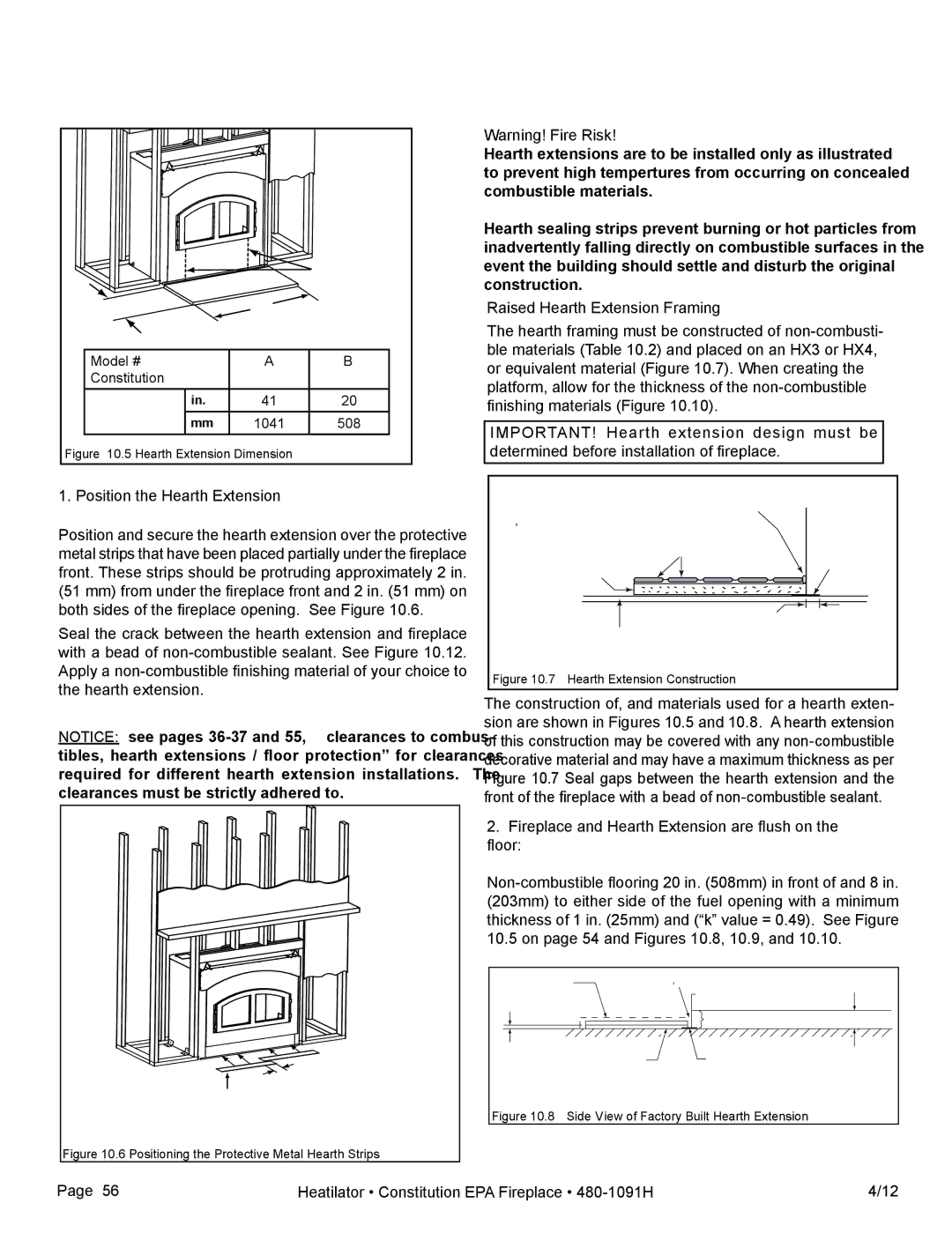 Heatiator C40 owner manual Position the Hearth Extension, Raised Hearth Extension Framing 