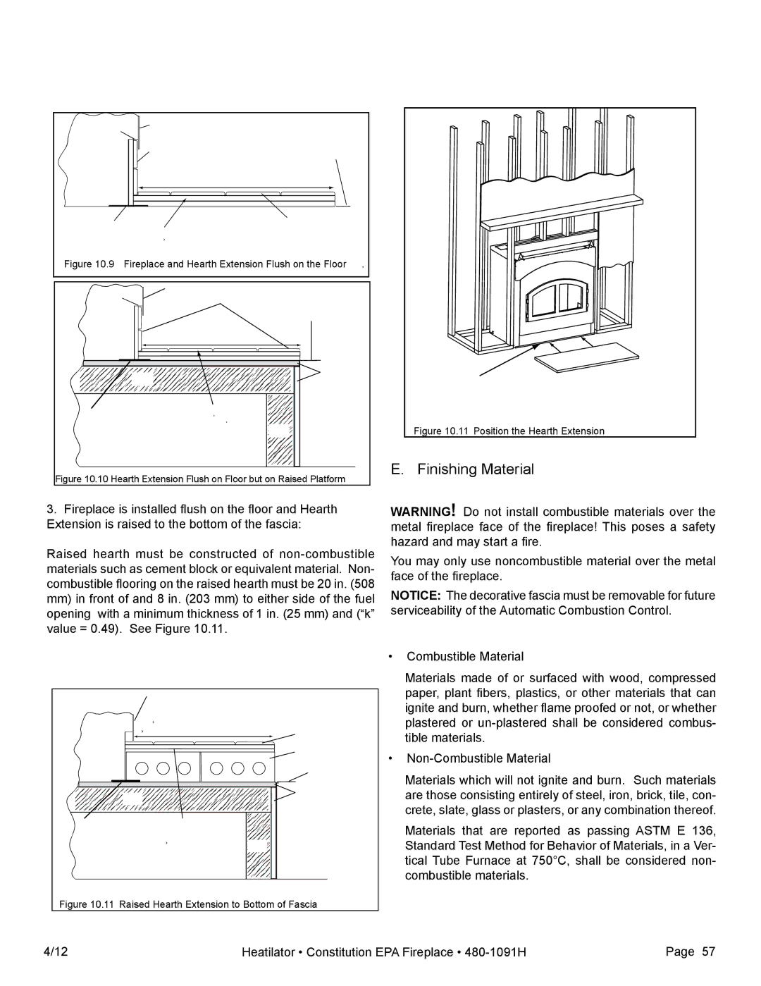 Heatiator C40 owner manual Finishing Material, Non-Combustible Material 