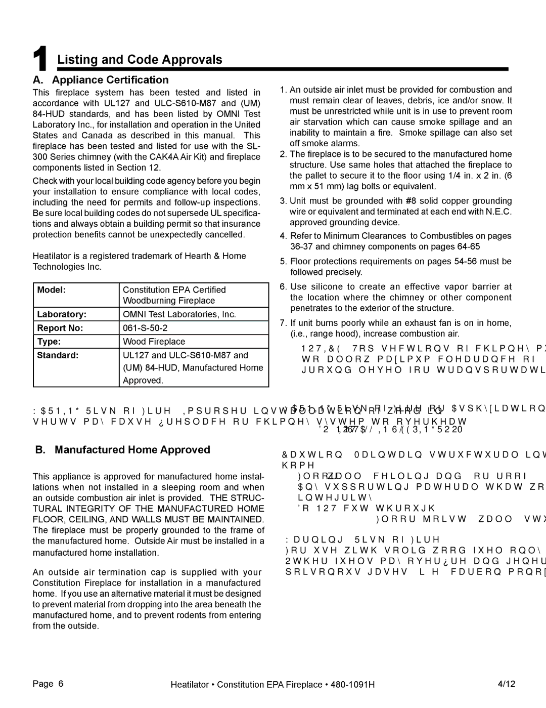 Heatiator C40 owner manual Listing and Code Approvals, Appliance Certification, Manufactured Home Approved 