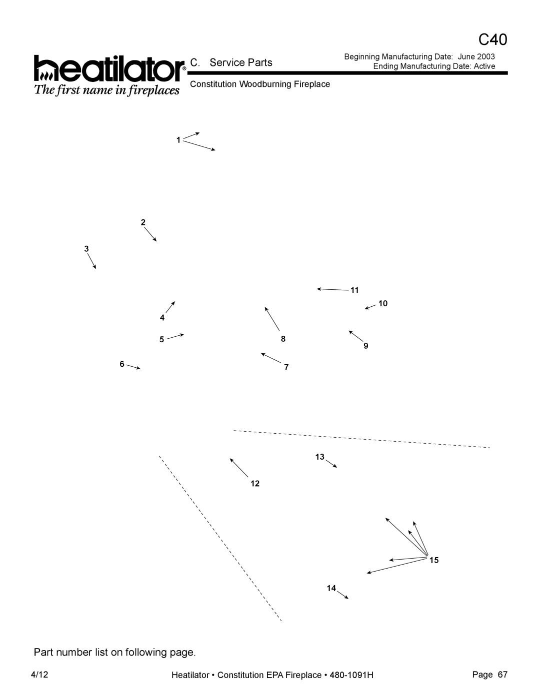 Heatiator C40 owner manual Service Parts, Part number list on following, Constitution Woodburning Fireplace 