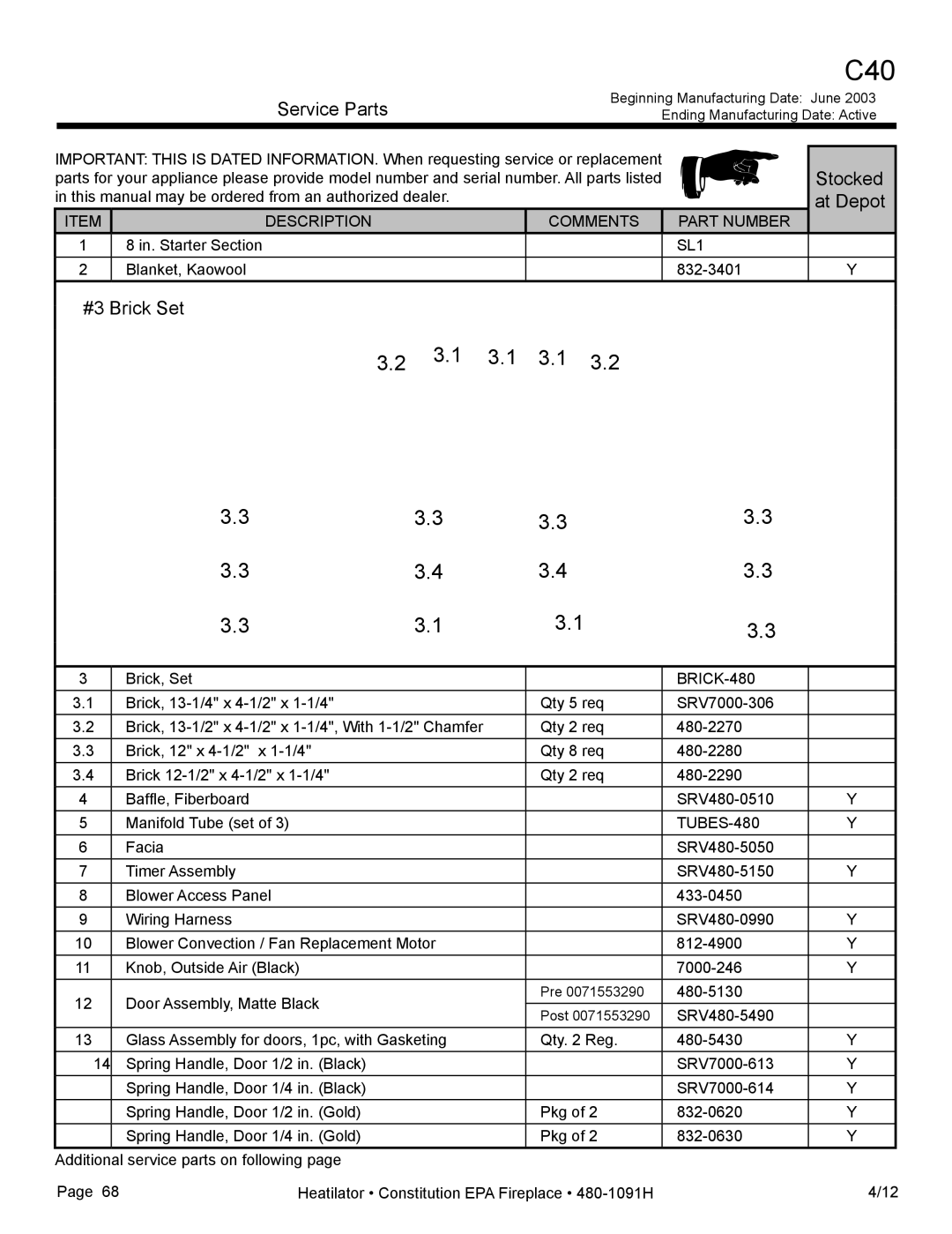 Heatiator C40 owner manual Stocked, At Depot, #3 Brick Set 