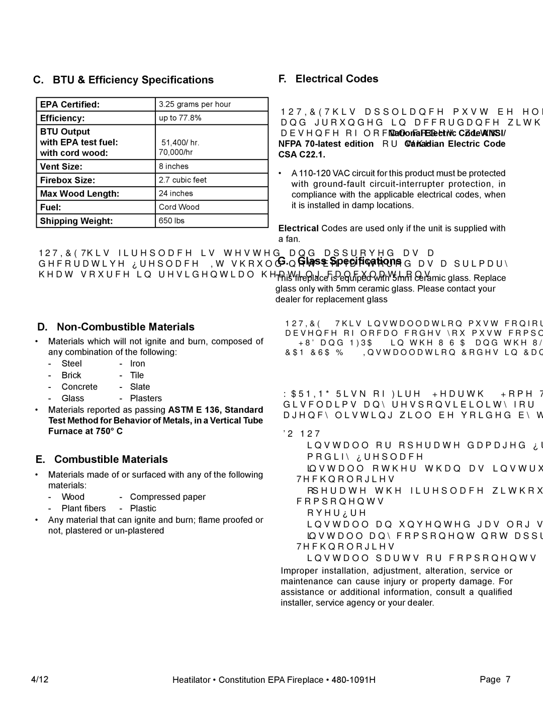 Heatiator C40 BTU & Efficiency Specifications Electrical Codes, Glass Specifications, Non-Combustible Materials 