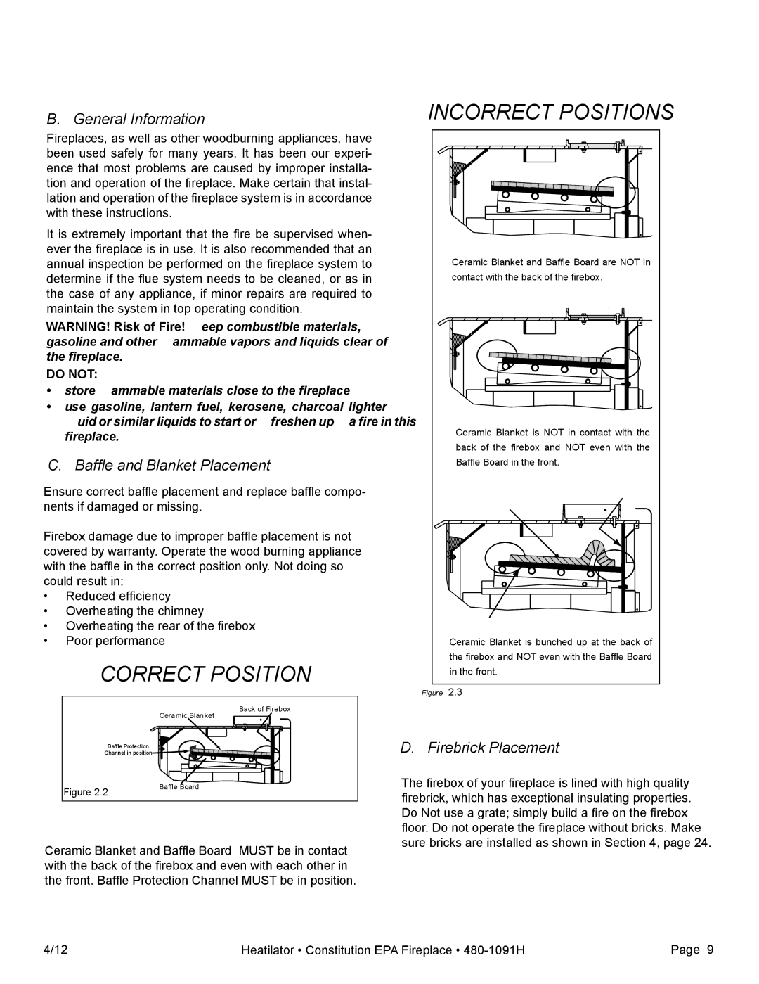 Heatiator C40 owner manual General Information, Baffle and Blanket Placement, Firebrick Placement 