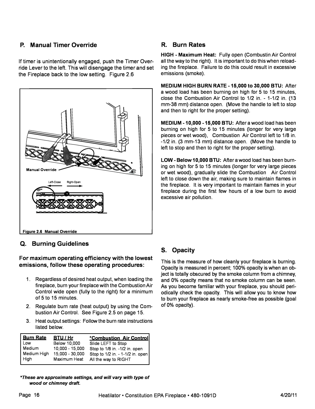 Heatiator C40 P. Manual Timer Override, R. Burn Rates, Q. Burning Guidelines, S. Opacity, BTU / Hr, Combustion Air Control 