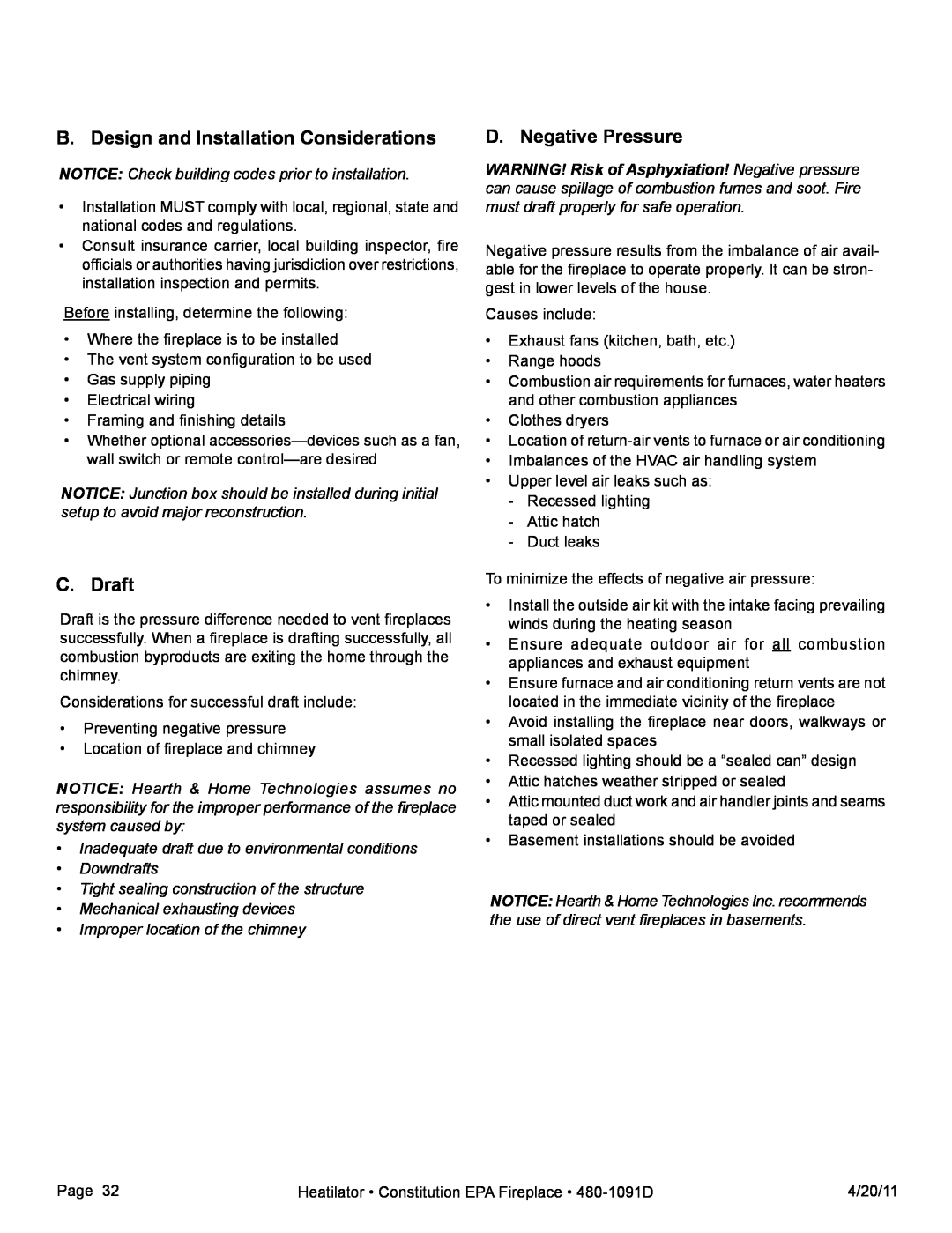Heatiator C40 owner manual B. Design and Installation Considerations, C. Draft, D. Negative Pressure 