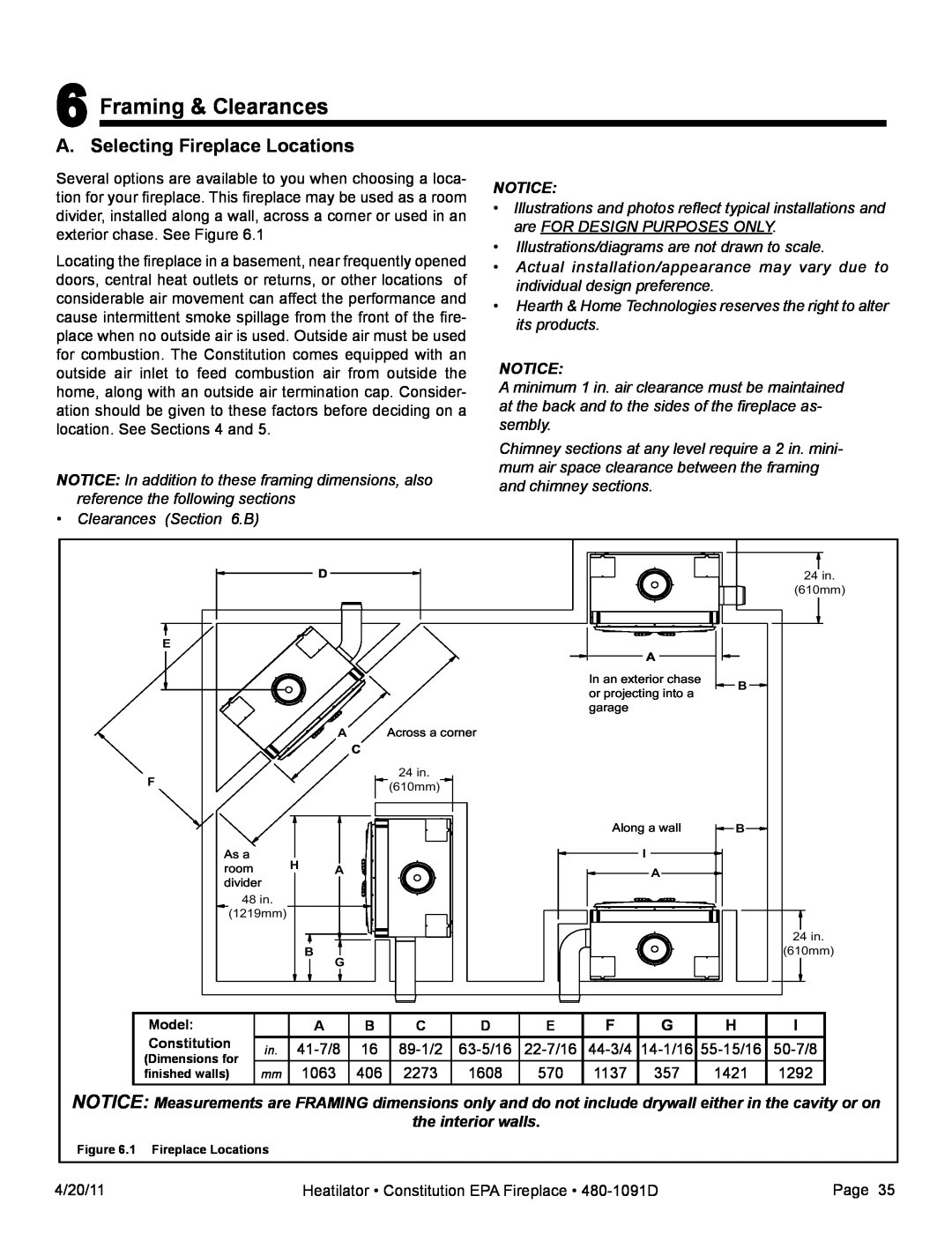 Heatiator C40 owner manual Framing & Clearances, A. Selecting Fireplace Locations, Notice, the interior walls 