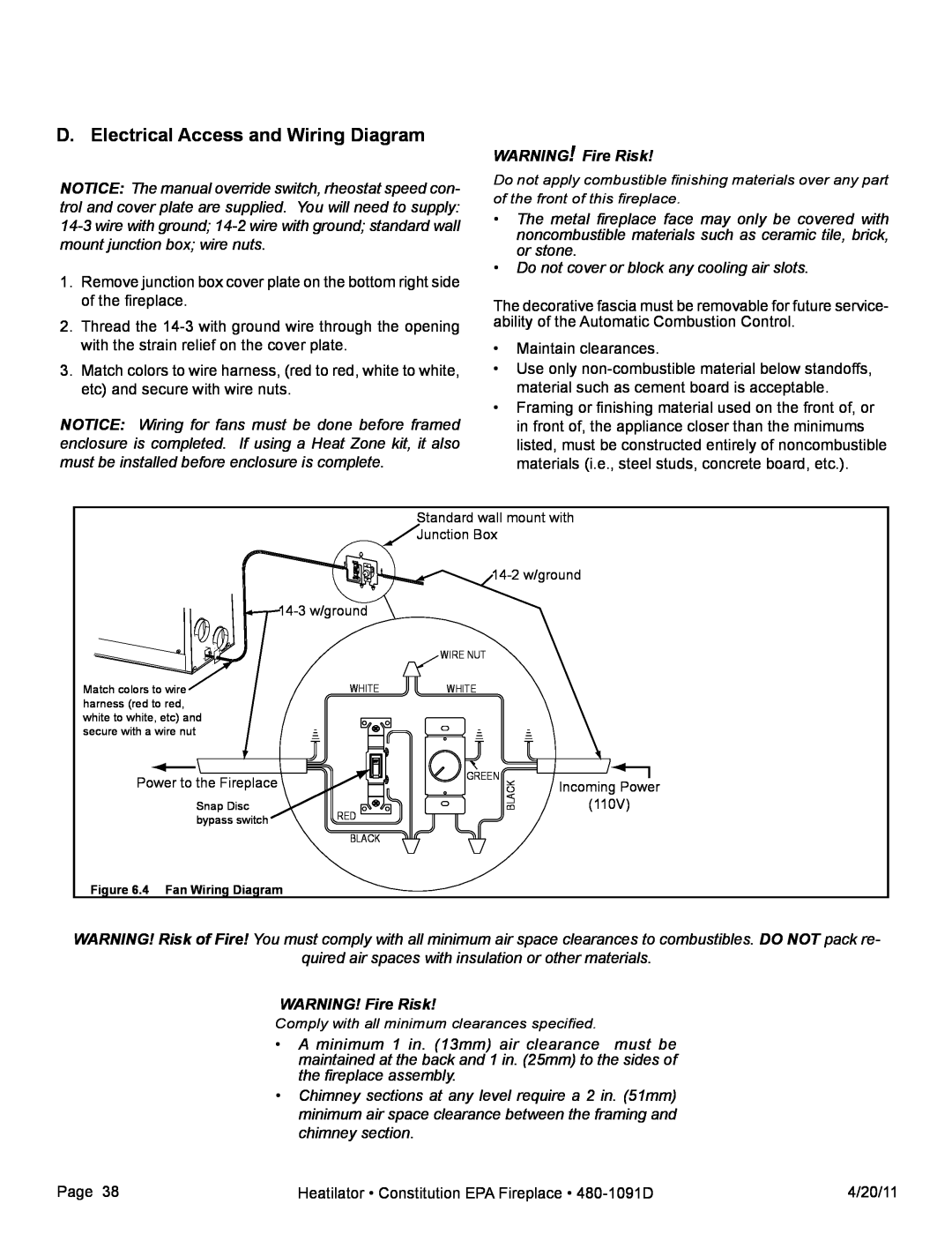 Heatiator C40 owner manual D. Electrical Access and Wiring Diagram, WARNING! Fire Risk 