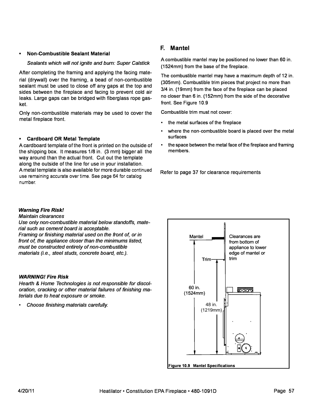 Heatiator C40 owner manual F. Mantel, •Non-CombustibleSealant Material, •Cardboard OR Metal Template, Warning Fire Risk 