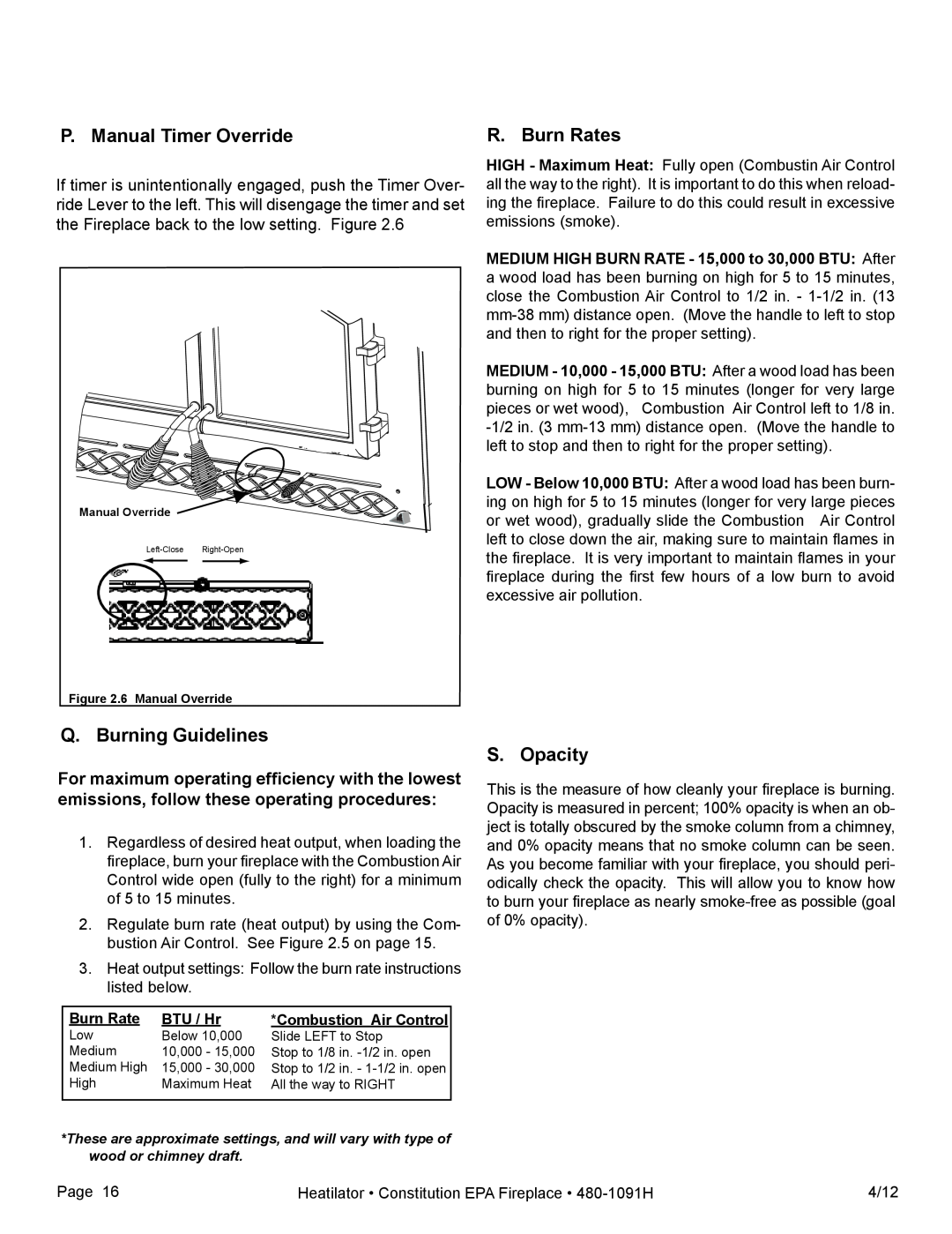 Heatiator C40 P. Manual Timer Override, R. Burn Rates, Q. Burning Guidelines, S. Opacity, BTU / Hr, Combustion Air Control 