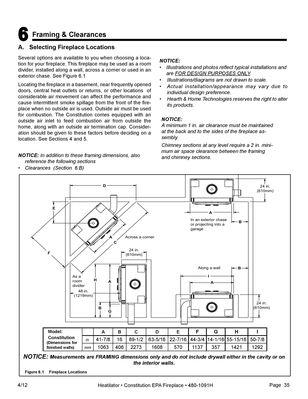 Heatiator C40 owner manual 6Framing & Clearances, A. Selecting Fireplace Locations, Notice, the interior walls 