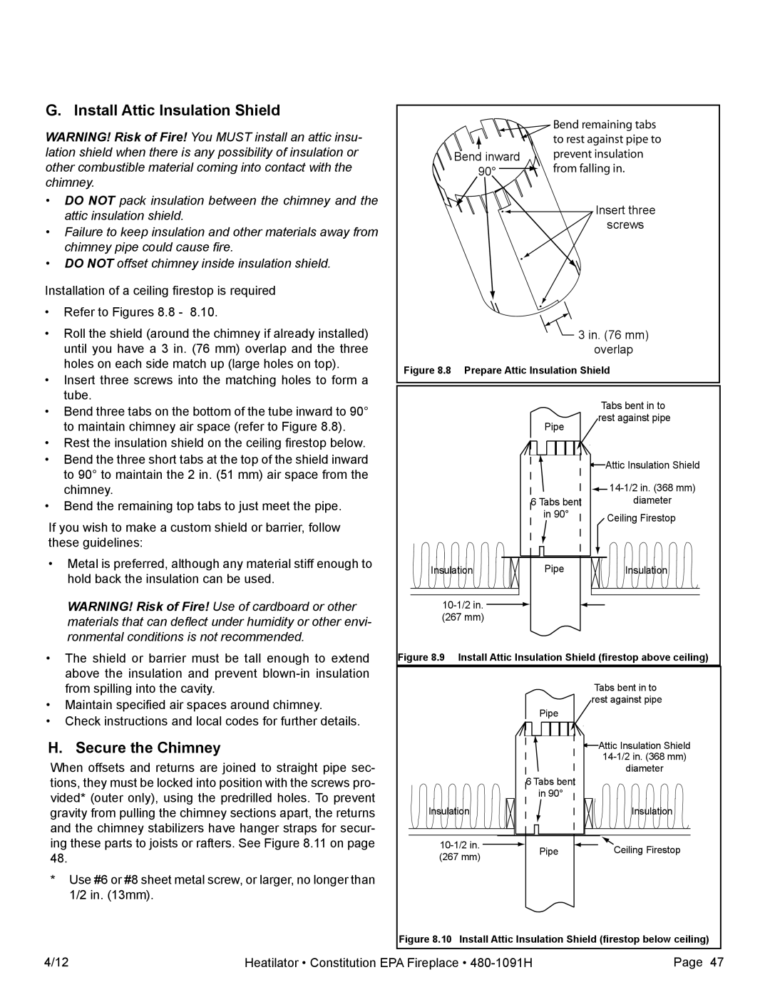 Heatiator C40 owner manual G. Install Attic Insulation Shield, H. Secure the Chimney 