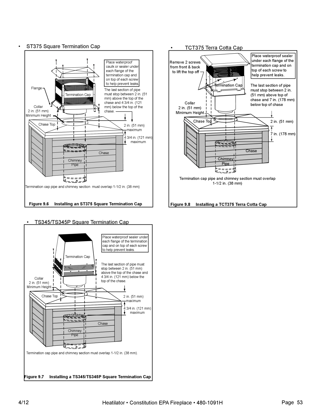 Heatiator C40 •ST375 Square Termination Cap, •TCT375 Terra Cotta Cap, •TS345/TS345P Square Termination Cap, 4/12, Page 