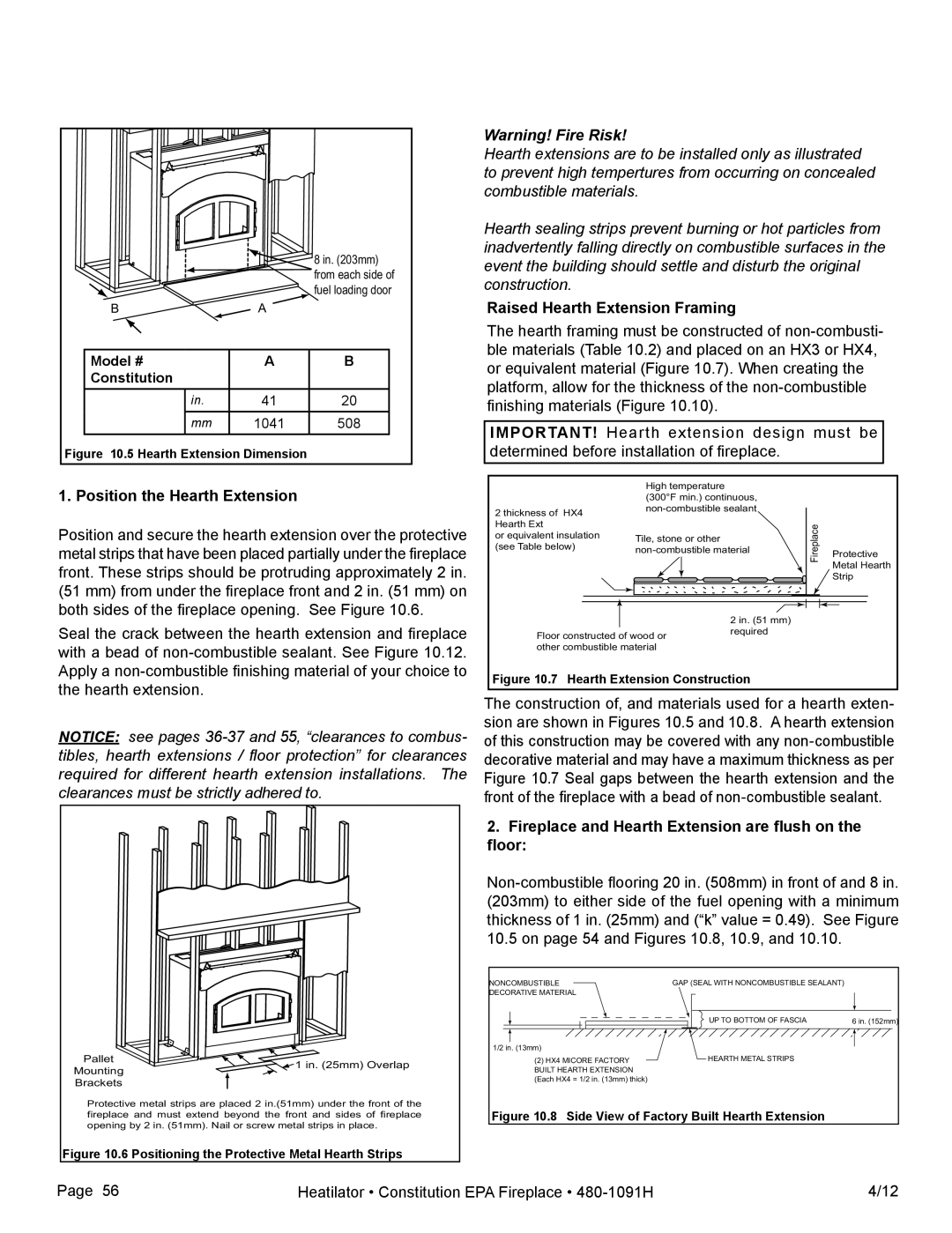 Heatiator C40 owner manual Position the Hearth Extension, Warning! Fire Risk, Raised Hearth Extension Framing 