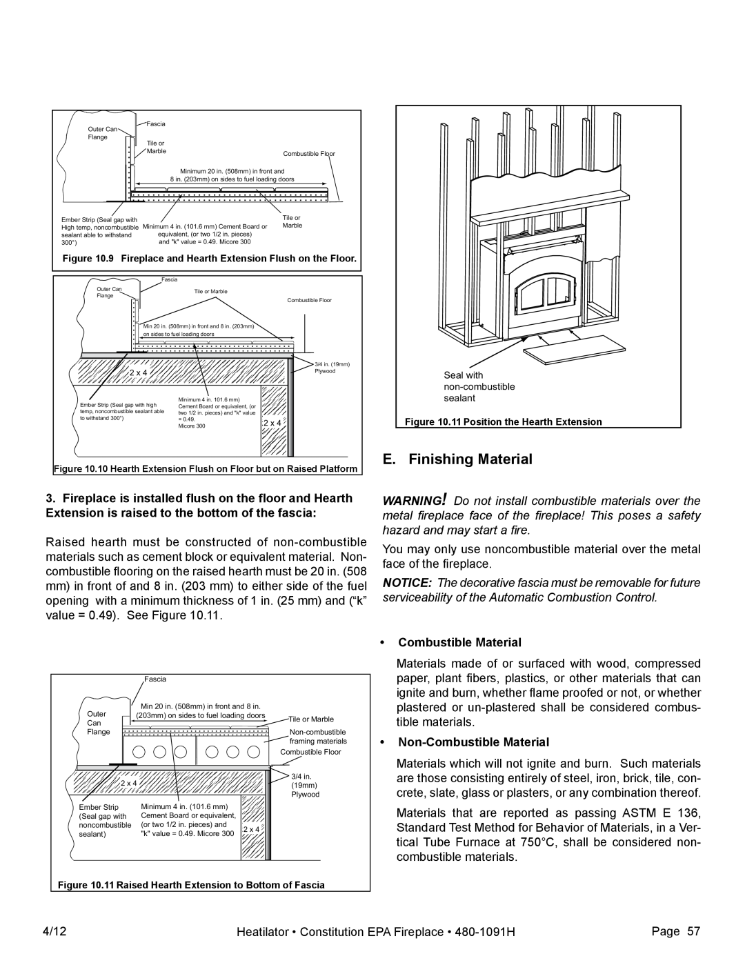 Heatiator C40 owner manual E. Finishing Material, •Combustible Material, •Non-CombustibleMaterial 