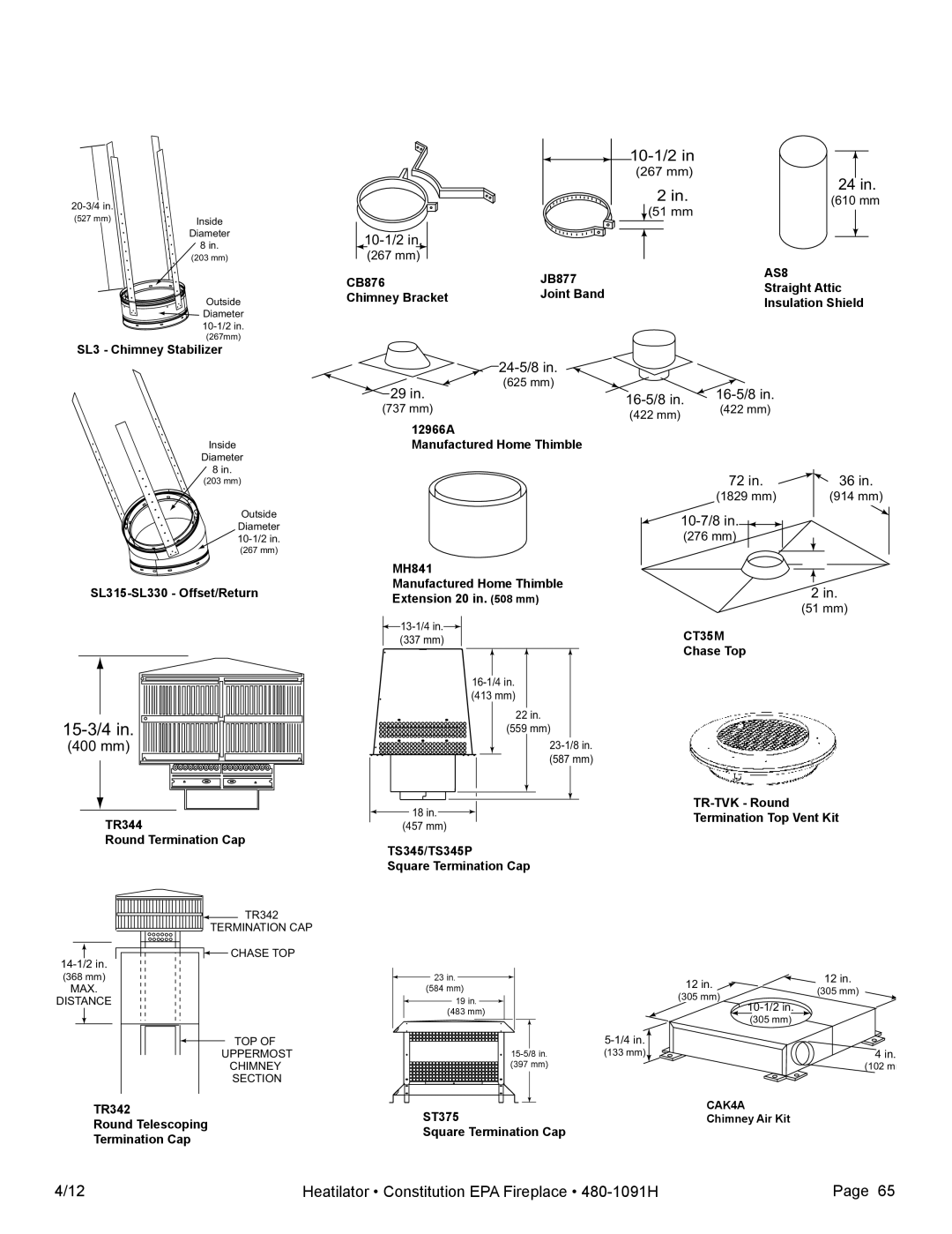 Heatiator C40 owner manual 15-3/4in, 29 in, 16-5/8in, 400 mm, 72 in, 10-7/8in 