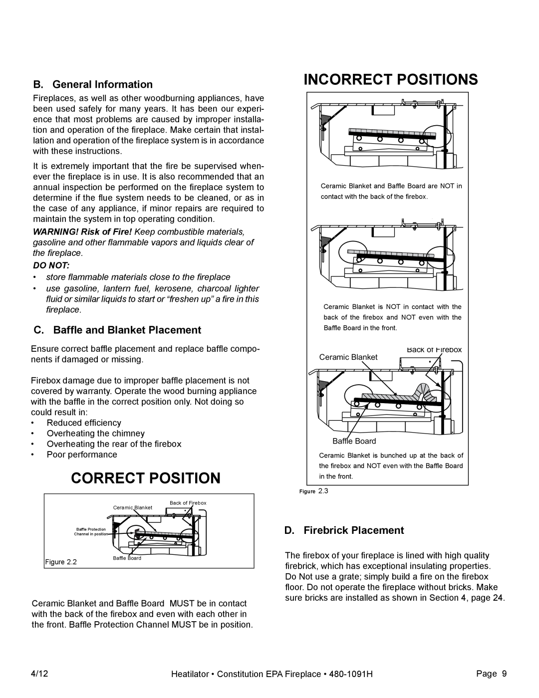 Heatiator C40 Incorrect Positions, Correct Position, B. General Information, C.Baffle and Blanket Placement, Do NOT 