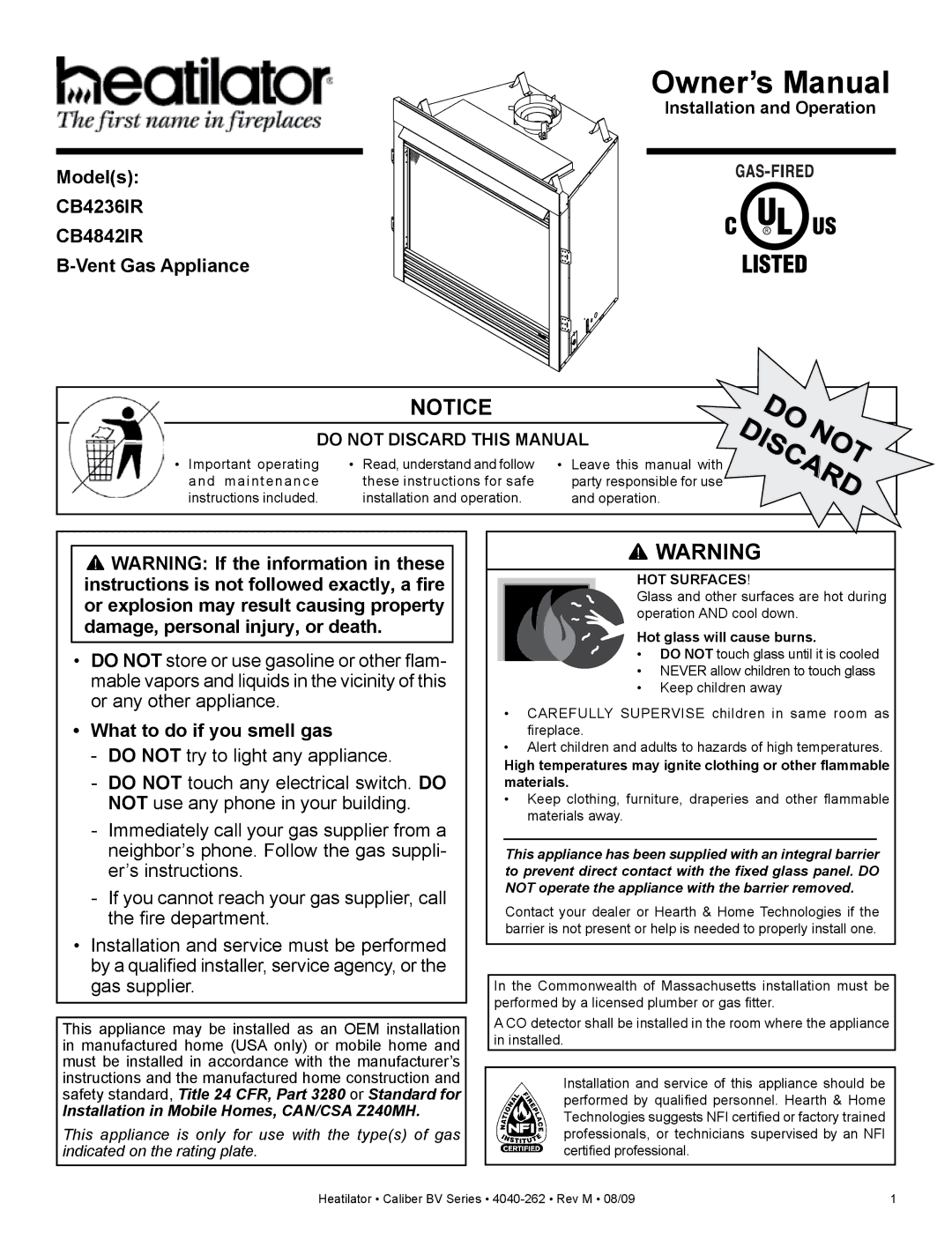 Heatiator owner manual Models CB4236IR CB4842IR Vent Gas Appliance, What to do if you smell gas 