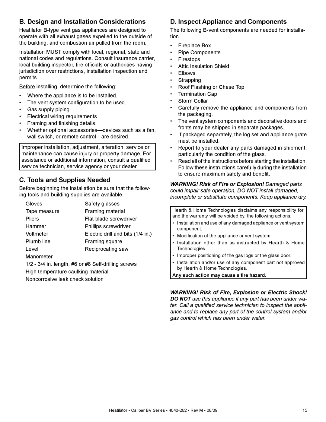 Heatiator CB4842IR Design and Installation Considerations, Tools and Supplies Needed, Inspect Appliance and Components 