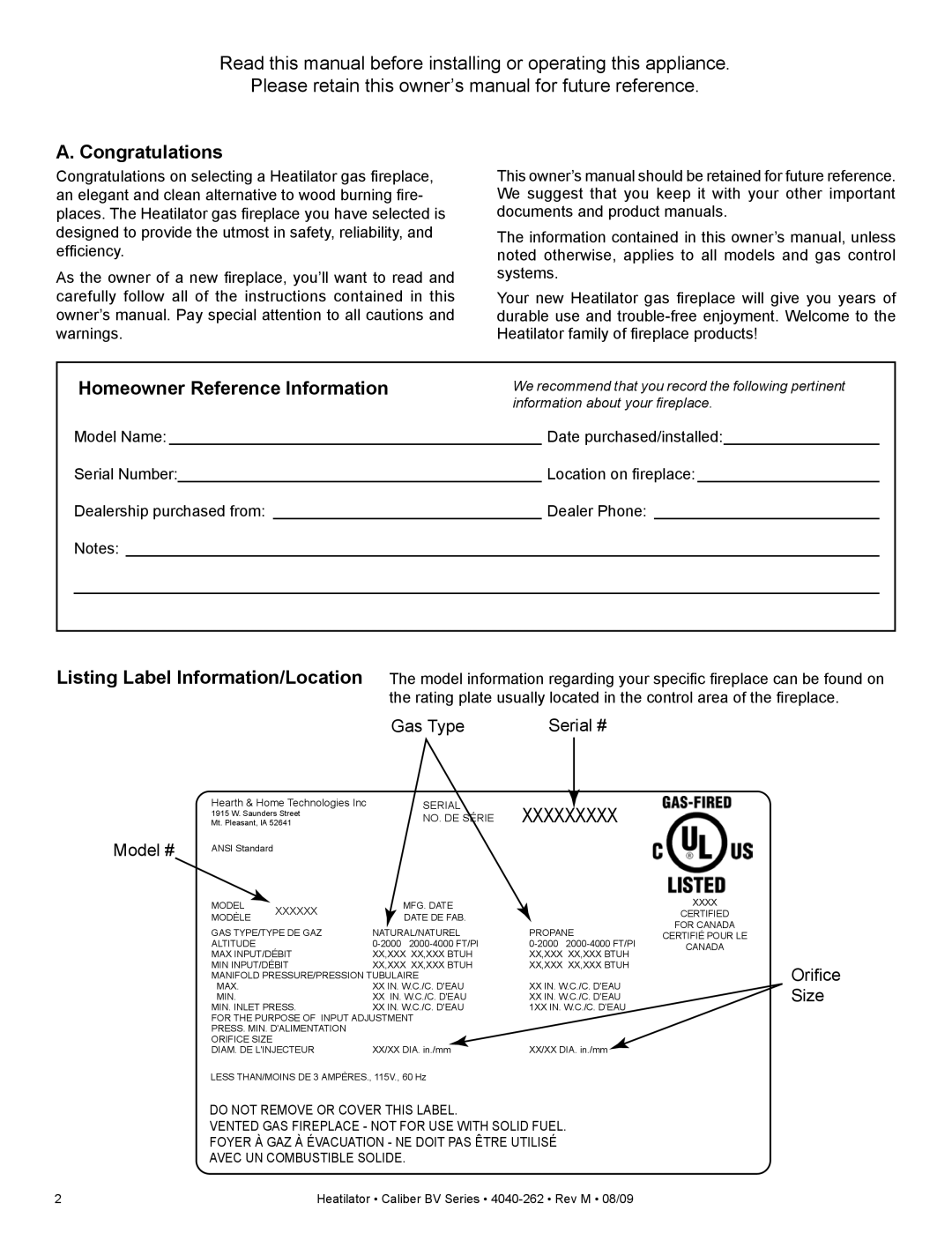 Heatiator CB4236IR, CB4842IR owner manual Congratulations, Homeowner Reference Information 