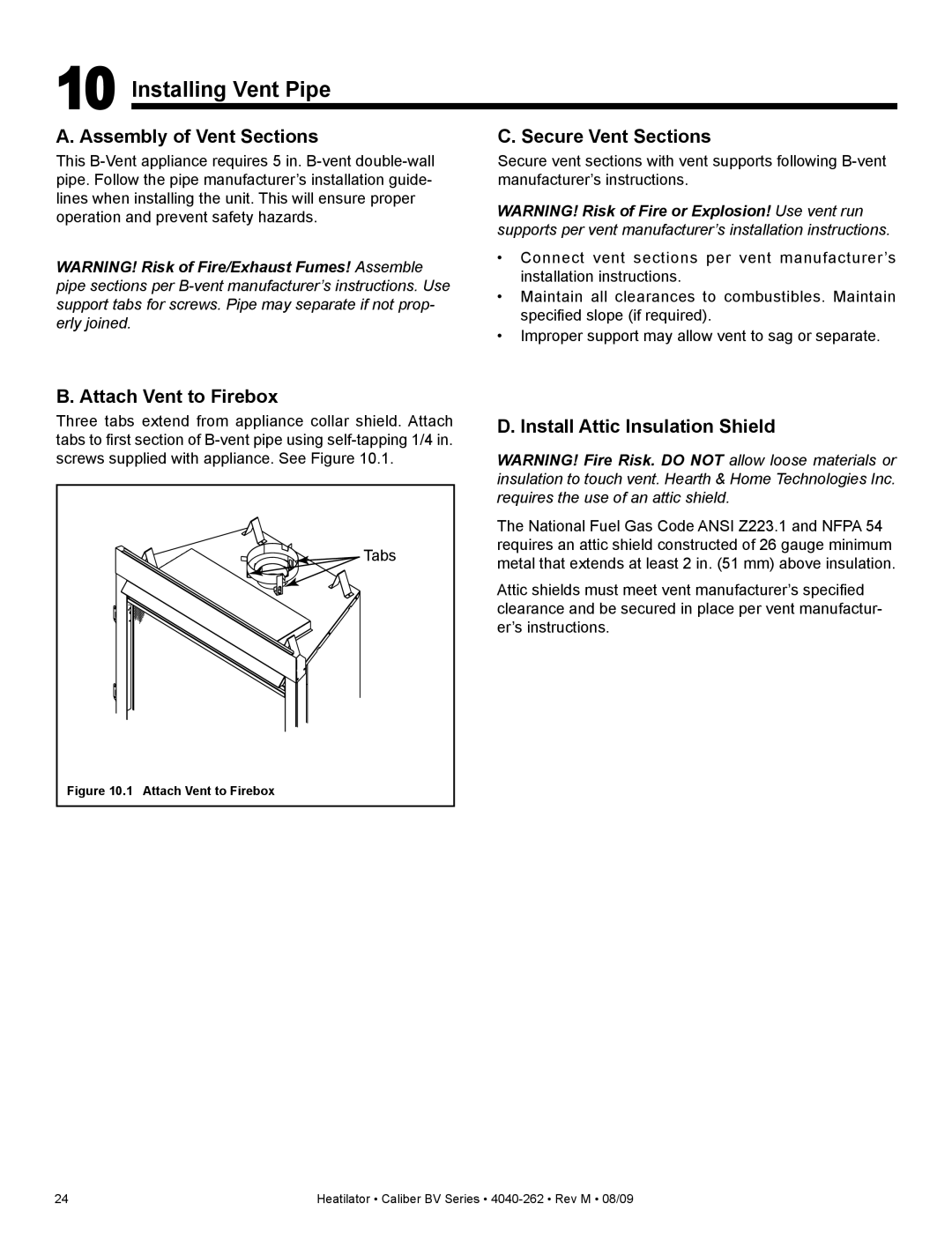 Heatiator CB4236IR, CB4842IR Installing Vent Pipe, Assembly of Vent Sections, Secure Vent Sections, Attach Vent to Firebox 