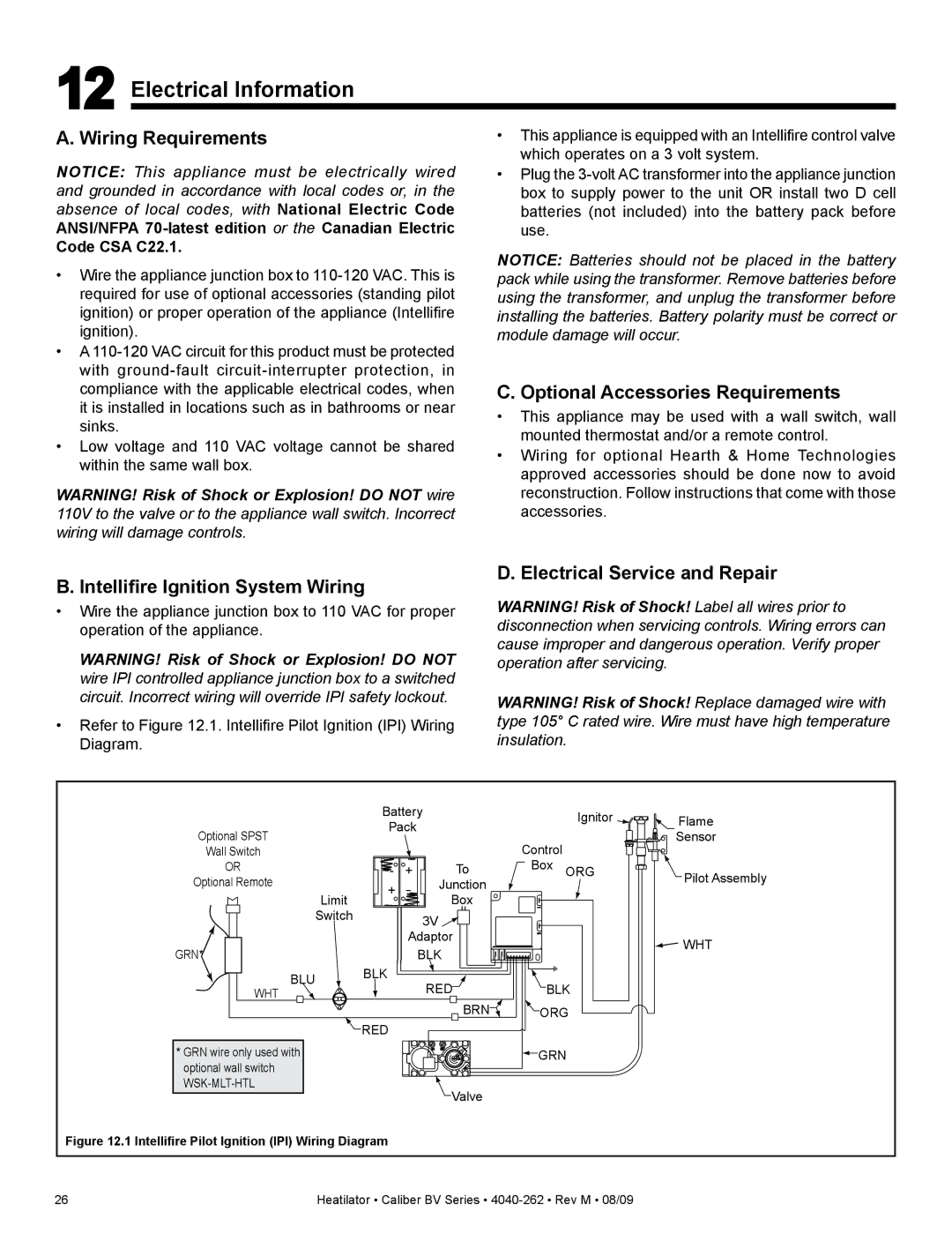 Heatiator CB4236IR, CB4842IR owner manual Electrical Information, Wiring Requirements, Optional Accessories Requirements 