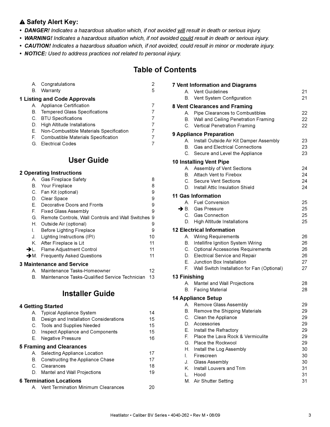 Heatiator CB4842IR, CB4236IR owner manual Table of Contents, User Guide, Installer Guide 