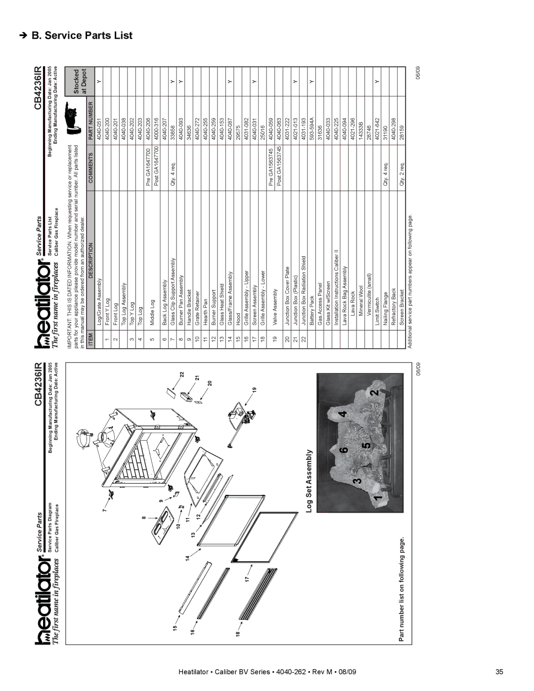 Heatiator CB4842IR owner manual  B. Service Parts List, CB4236IR 