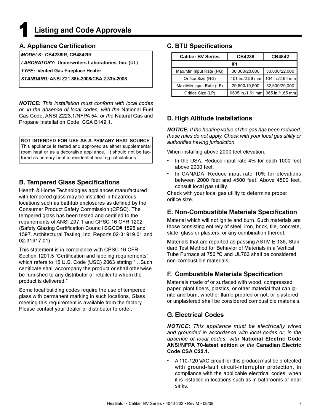 Heatiator CB4842IR, CB4236IR owner manual Listing and Code Approvals 