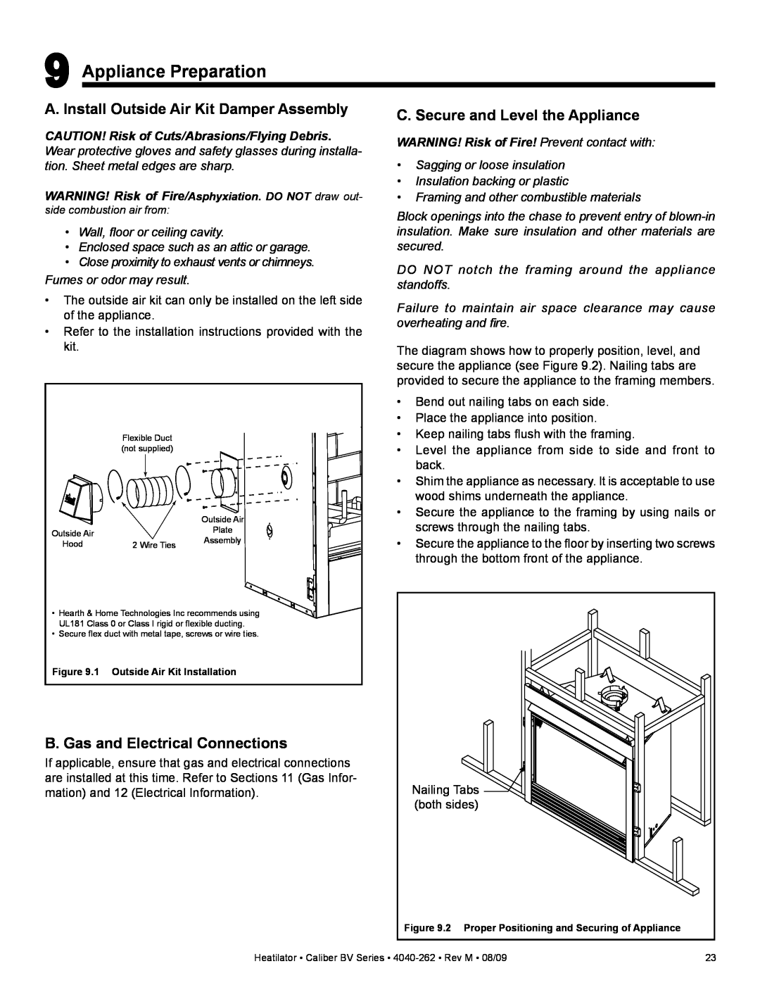 Heatiator CB4842IR A. Install Outside Air Kit Damper Assembly, C. Secure and Level the Appliance, Appliance Preparation 