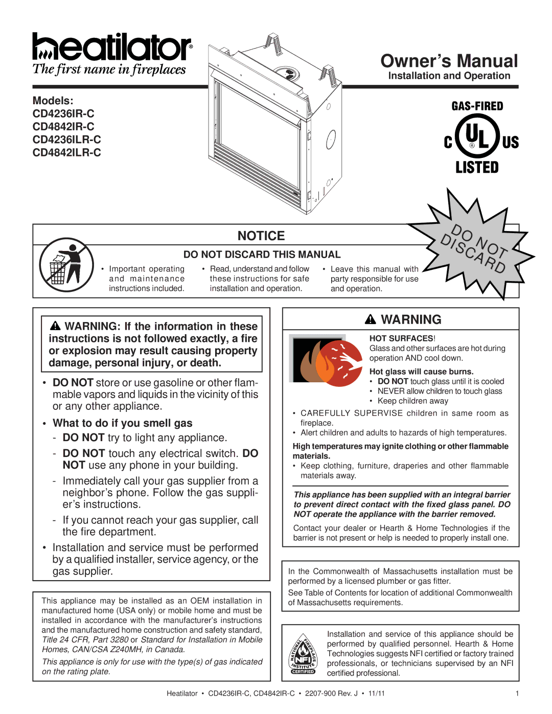 Heatiator owner manual Models CD4236IR-C CD4842IR-C CD4236ILR-C CD4842ILR-C, What to do if you smell gas, HOT Surfaces 