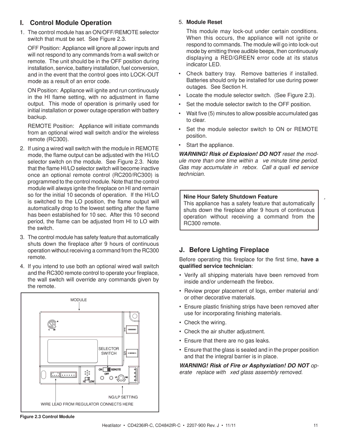 Heatiator CD4842IR-C Control Module Operation, Before Lighting Fireplace, Module Reset, Nine Hour Safety Shutdown Feature 