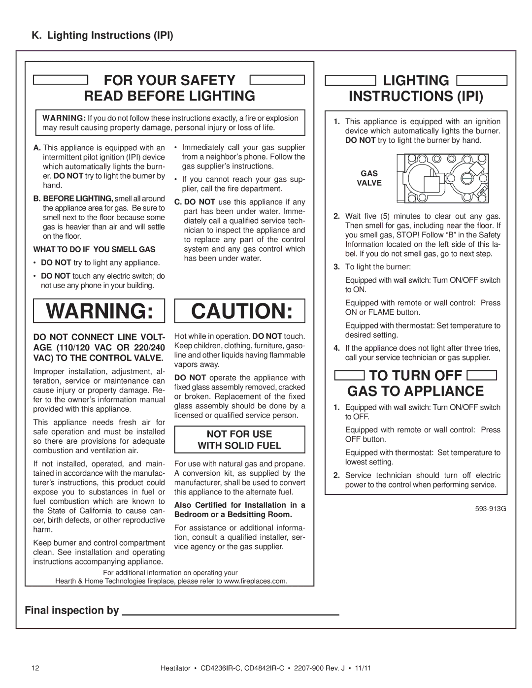 Heatiator CD4236ILR-C, CD4236IR-C Lighting Instructions IPI, Final inspection by, What to do if YOU Smell GAS, GAS Valve 