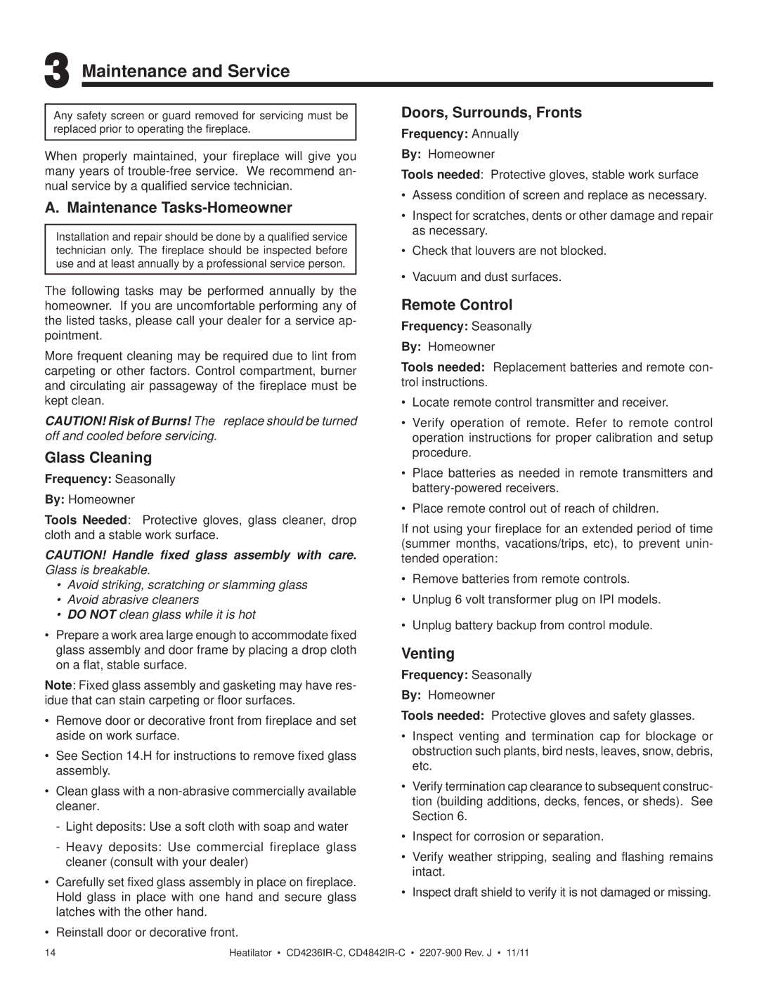 Heatiator CD4842ILR-C, CD4236ILR-C, CD4236IR-C, CD4842IR-C owner manual Maintenance and Service 