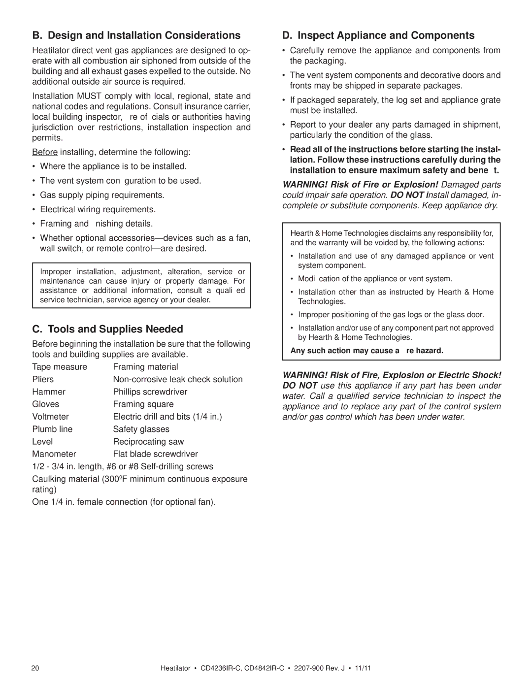 Heatiator CD4236ILR-C Design and Installation Considerations, Tools and Supplies Needed, Inspect Appliance and Components 