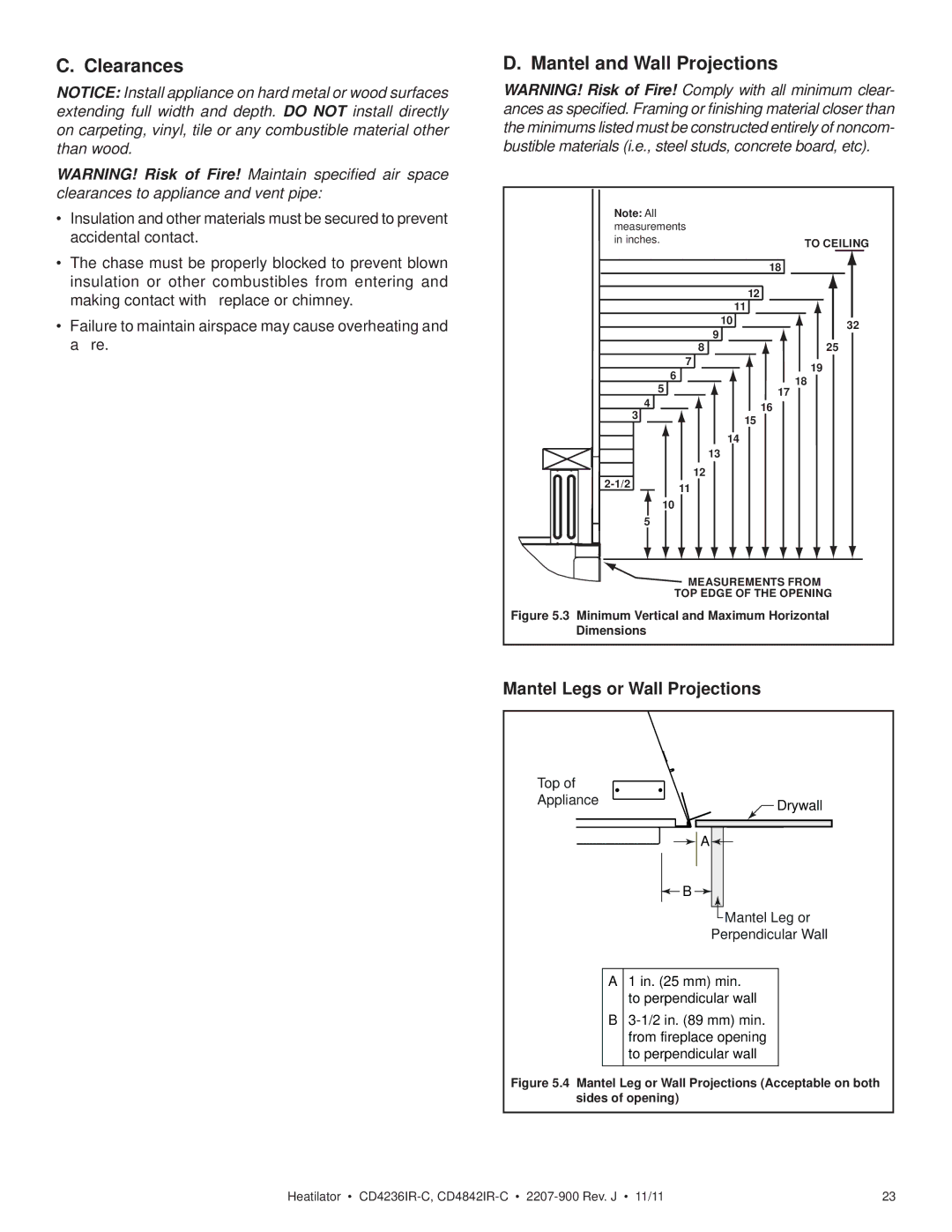 Heatiator CD4842IR-C, CD4236ILR-C, CD4236IR-C, CD4842ILR-C owner manual Clearances, Mantel and Wall Projections 