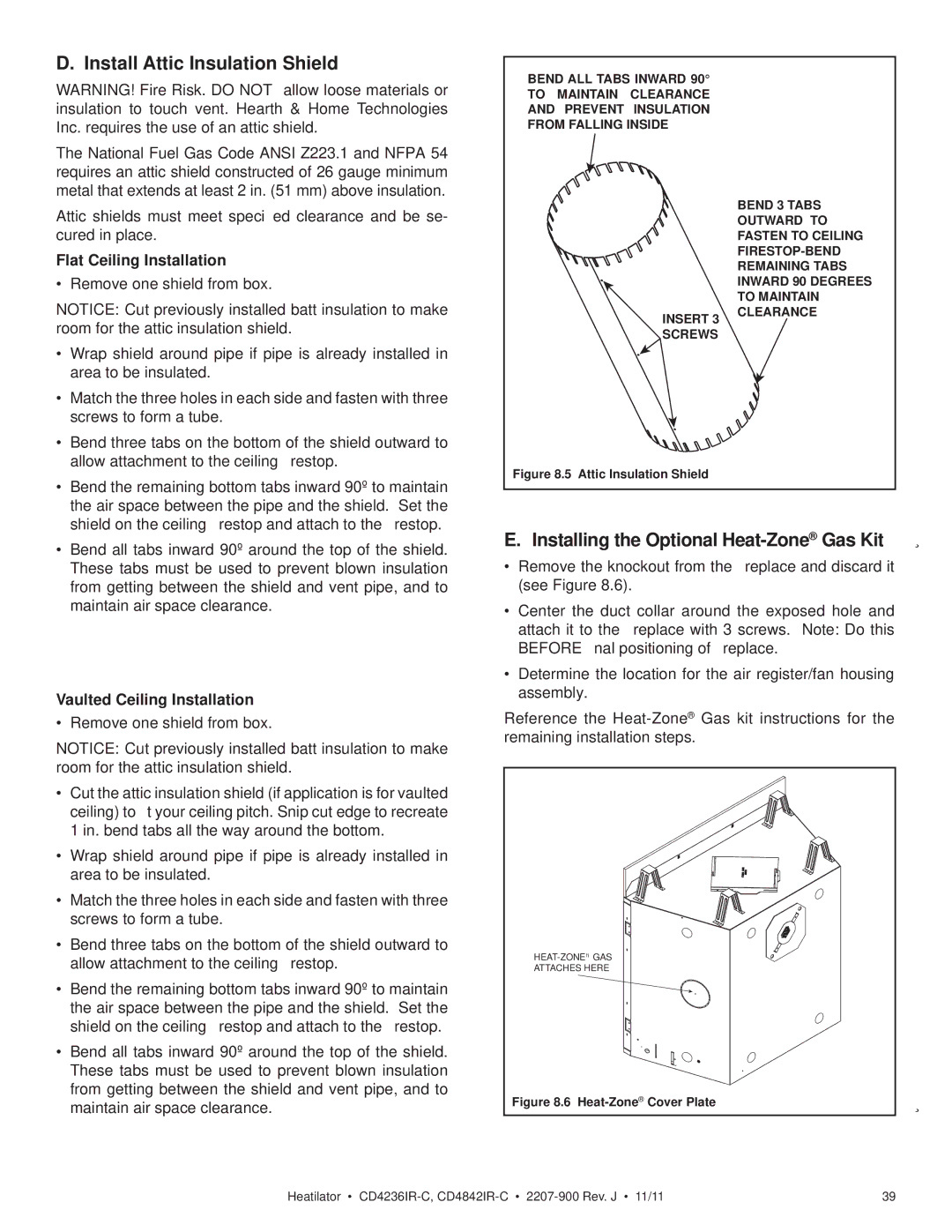 Heatiator CD4842IR-C Install Attic Insulation Shield, Installing the Optional Heat-ZoneGas Kit, Flat Ceiling Installation 