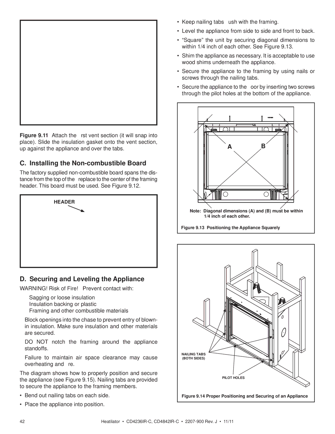 Heatiator CD4842ILR-C, CD4236ILR-C Installing the Non-combustible Board, Securing and Leveling the Appliance, Header 