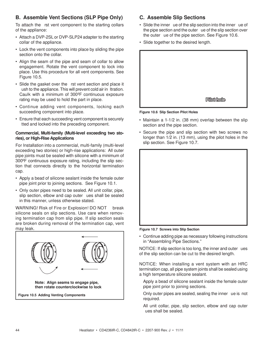 Heatiator CD4236ILR-C, CD4236IR-C, CD4842ILR-C, CD4842IR-C Assemble Vent Sections SLP Pipe Only, Assemble Slip Sections 