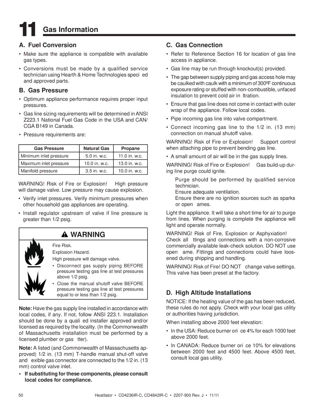 Heatiator CD4842ILR-C, CD4236ILR-C Gas Information, Fuel Conversion, Gas Connection, Gas Pressure Natural Gas Propane 