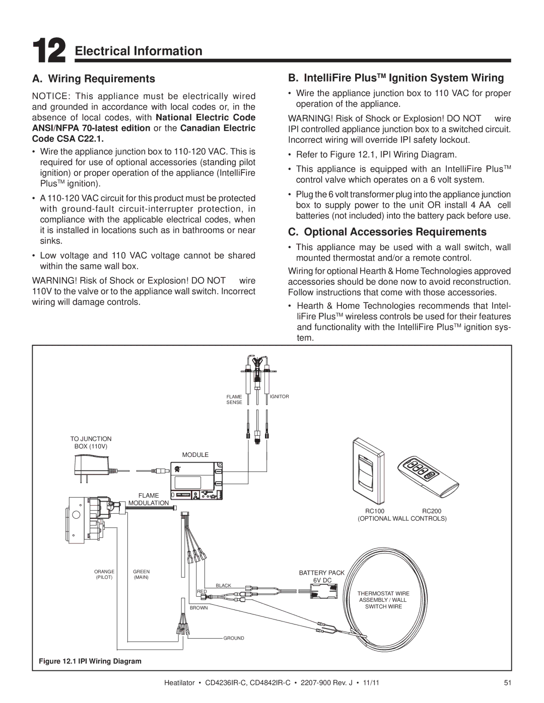 Heatiator CD4842IR-C, CD4236ILR-C Electrical Information, Wiring Requirements, IntelliFire PlusTM Ignition System Wiring 