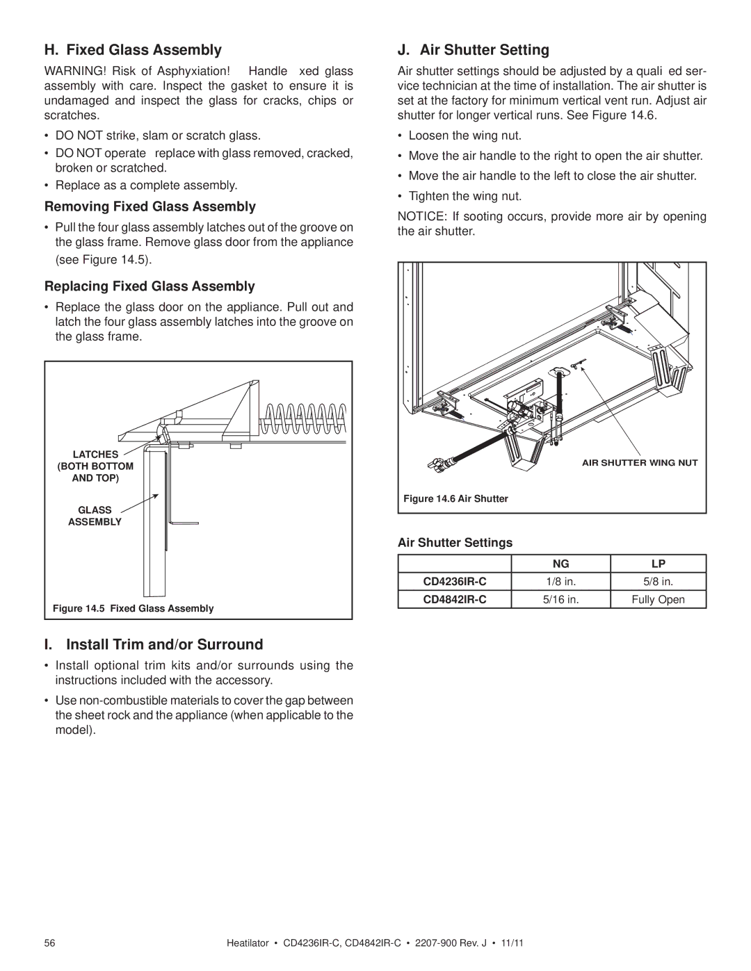 Heatiator CD4236ILR-C owner manual Install Trim and/or Surround, Air Shutter Settings, CD4236IR-C CD4842IR-C Fully Open 