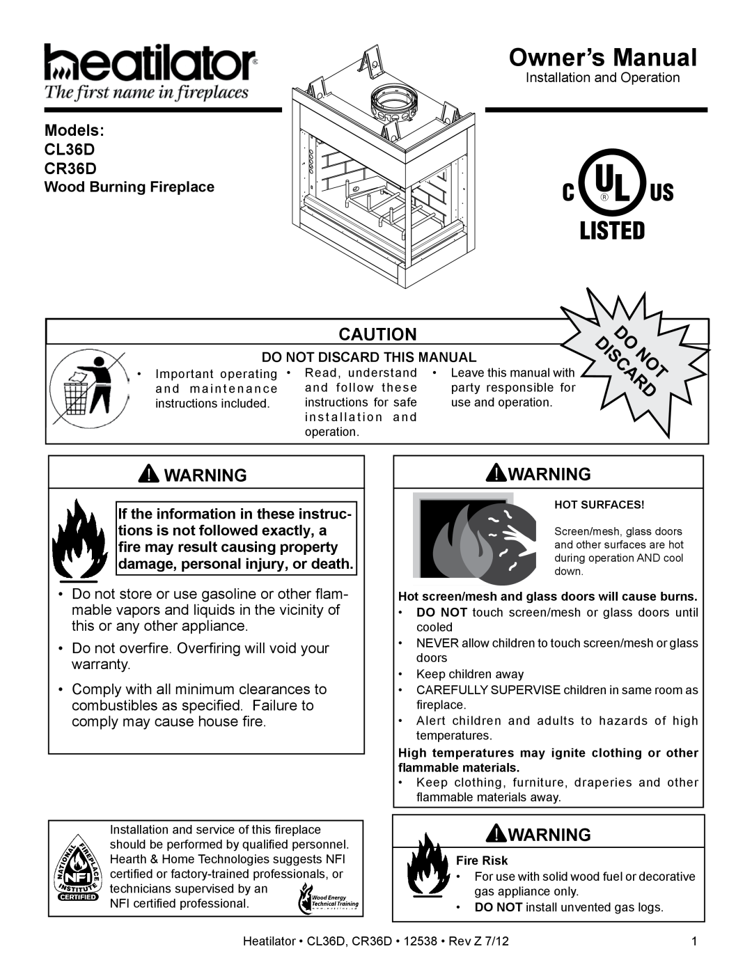 Heatiator owner manual Wood Burning Fireplace, Owner’s Manual, Models CL36D CR36D 