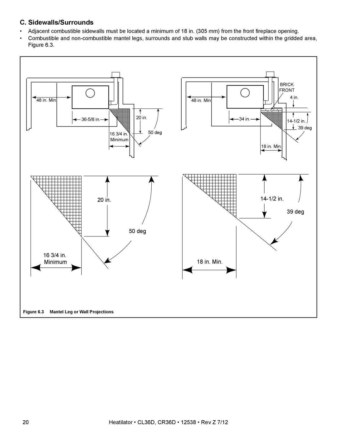 Heatiator CL36D owner manual C. Sidewalls/Surrounds, 20 in, 39 deg, 50 deg, 16 3/4 in, 18 in. Min, Minimum 