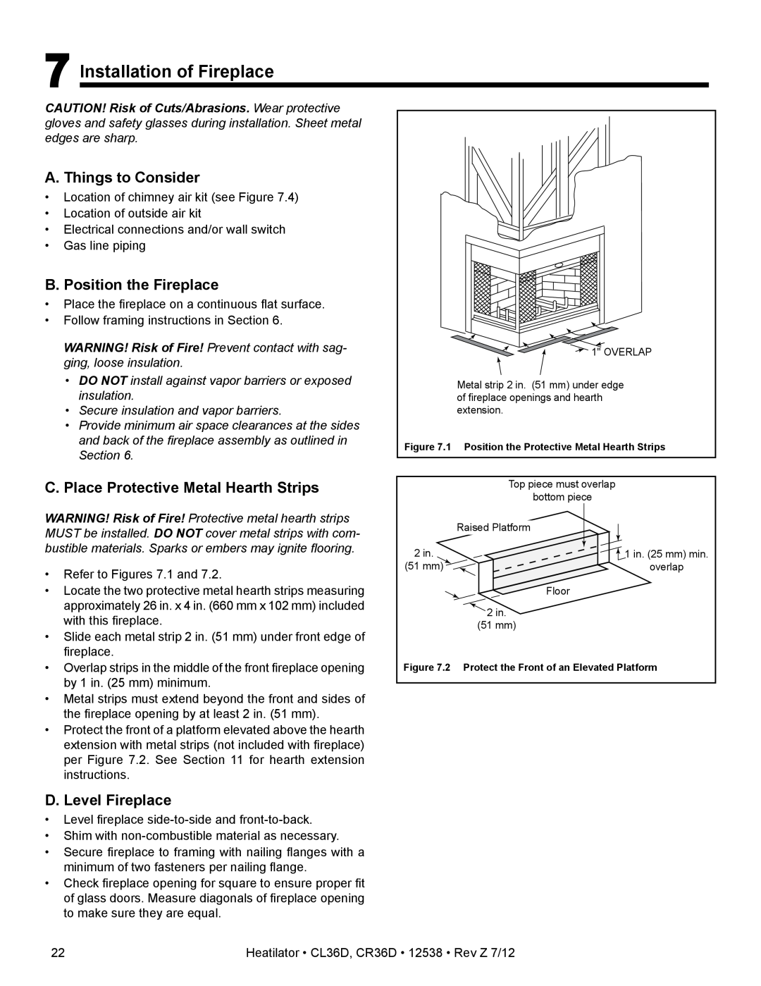 Heatiator CL36D 7Installation of Fireplace, A. Things to Consider, B. Position the Fireplace, D. Level Fireplace 