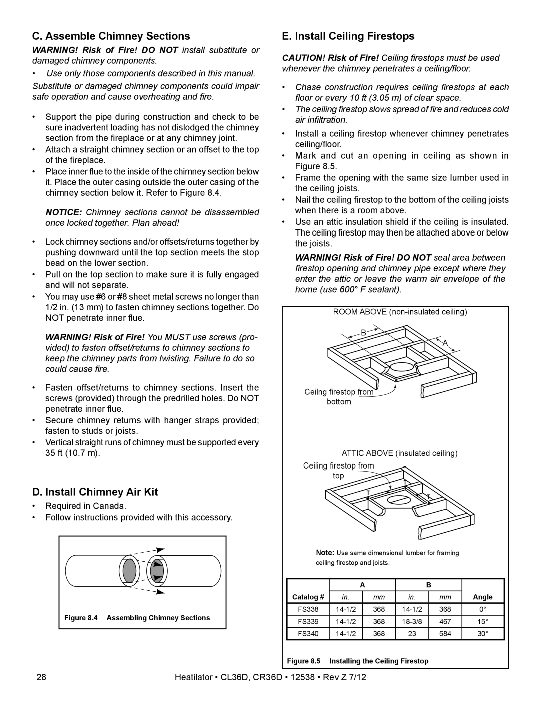 Heatiator CL36D owner manual C. Assemble Chimney Sections, D. Install Chimney Air Kit, E. Install Ceiling Firestops 
